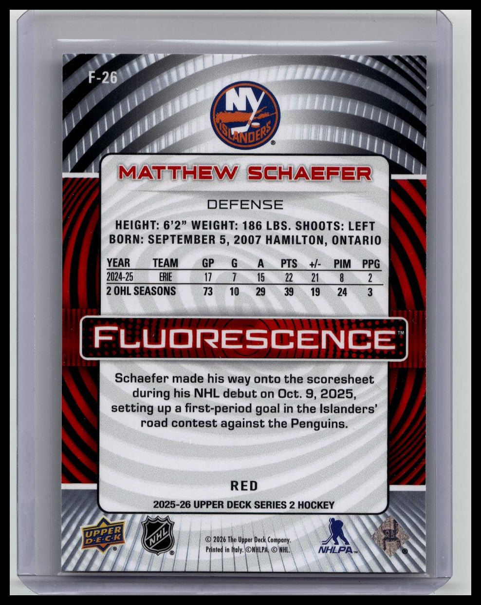 MATTHEW SCHAEFER 2025-26 UPPER DECK SERIES 2 HOCKEY FLUORESCENCE RED SP #F-26