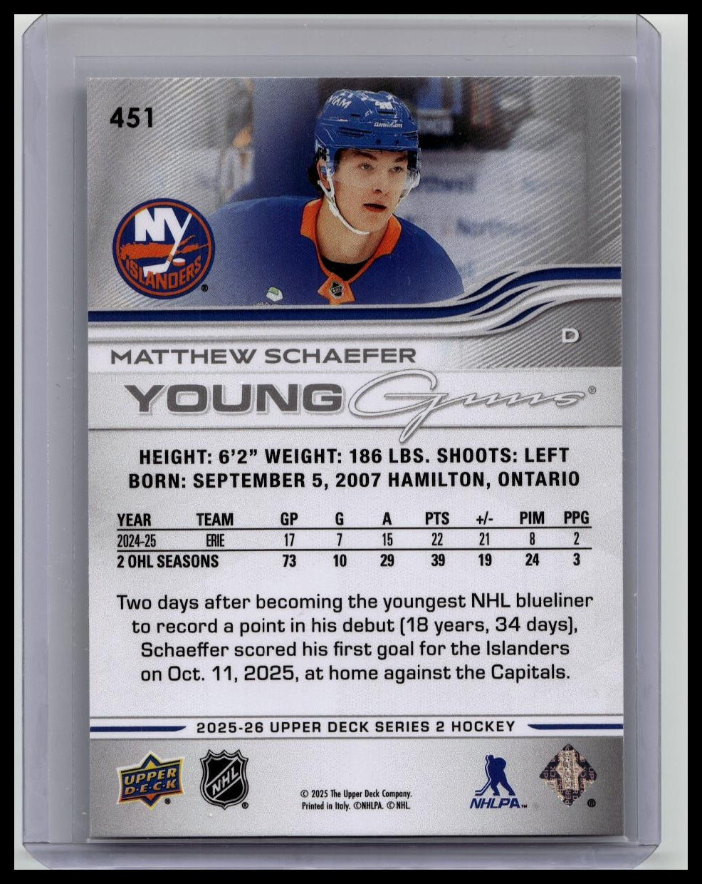 2025-26 Upper Deck Series 2 Matthew Schaefer Young Guns #451