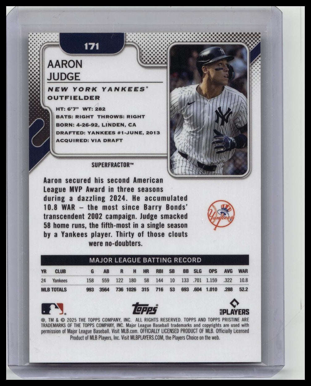 2025 Topps Pristine Aaron Judge 1/1 SUPERFRACTOR New York Yankees