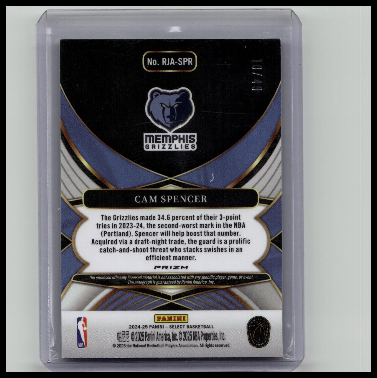 CAM SPENCER 2024-25 SELECT RPA ROOKIE BLUE PRIZM PATCH RC AUTO /49