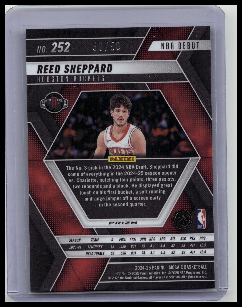 2024 Panini Mosaic Purple Rookie Debut /50 Reed Sheppard Houston Rockets #252