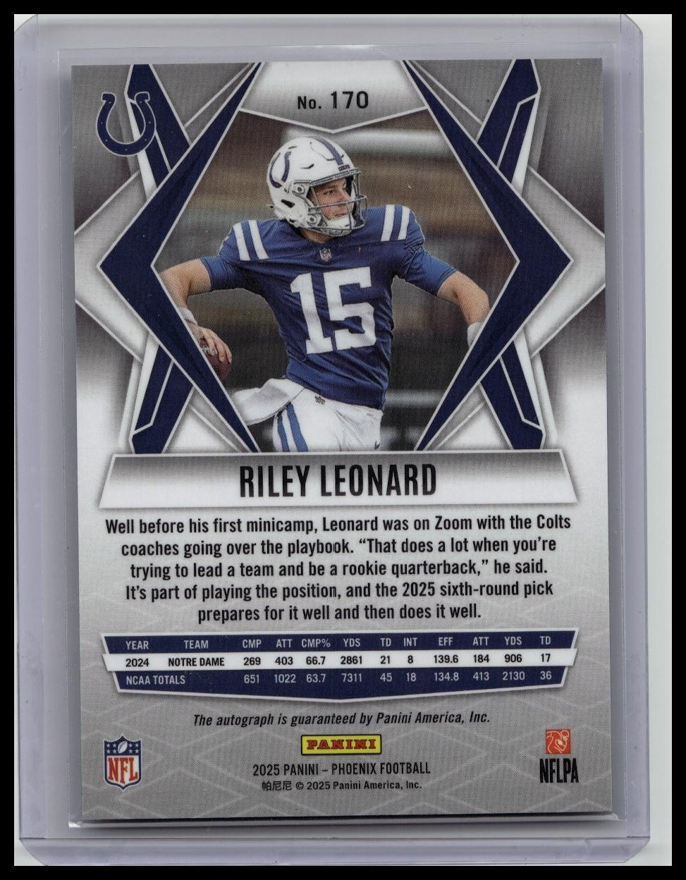 2025 Panini Phoenix Riley Leonard #170 Silver Pyramid Auto (RC) Colts