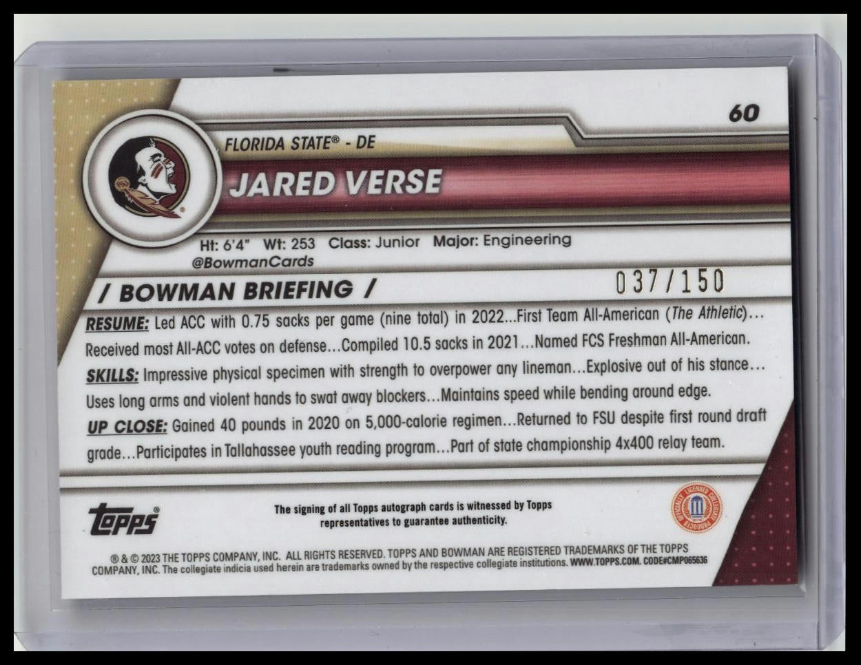 JARED VERSE 2023 BOWMAN U CHROME 1ST FUCHSIA MINI-DIAMOND AUTO /150