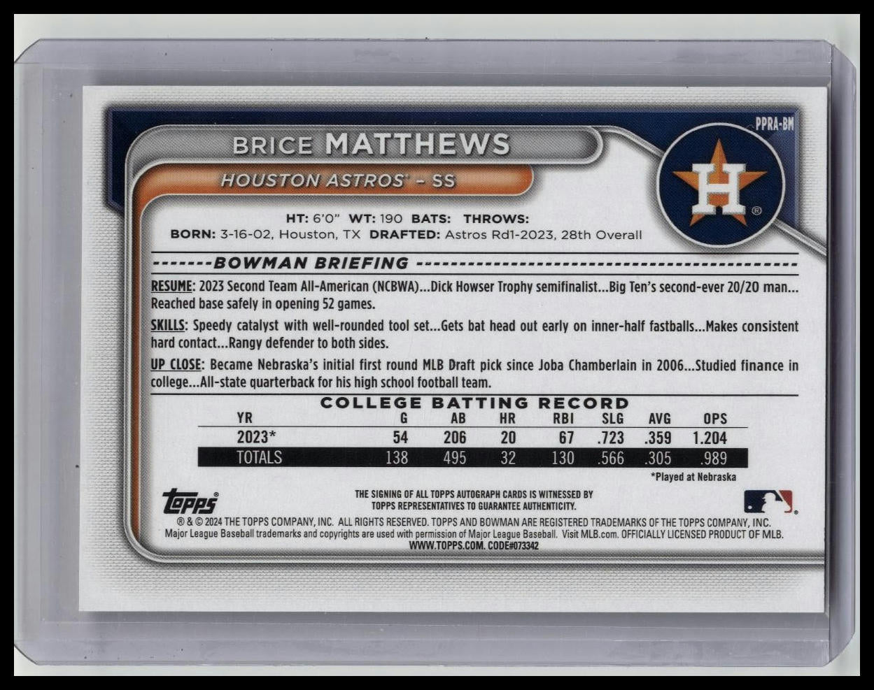 2024 Bowman Prospects Brice Matthews- 1st Bowman Auto- Astros