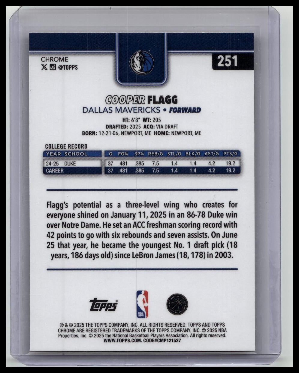 2025-26 Topps Chrome - Cooper Flagg #251 Basketball Border Refractor (RC)