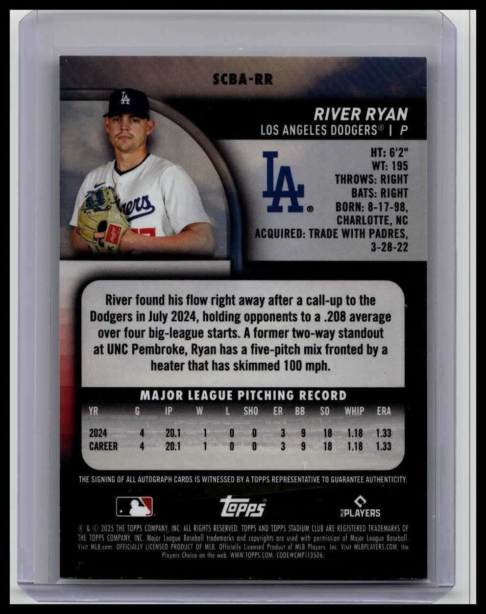 2025 Topps Stadium Club River Ryan SCBA-RR SP ROOKIE AUTO