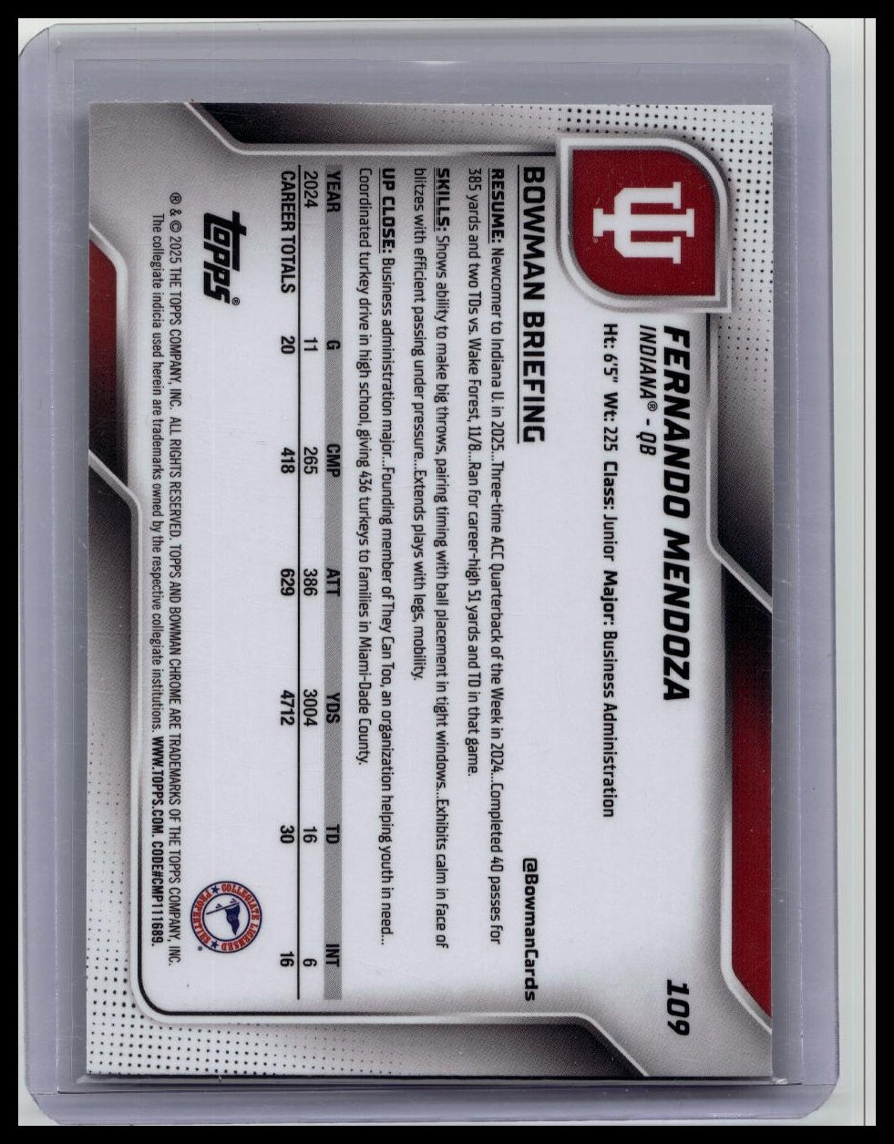2025 Bowman Chrome University Fernando Mendoza Pink Lava Refractor 1st #109