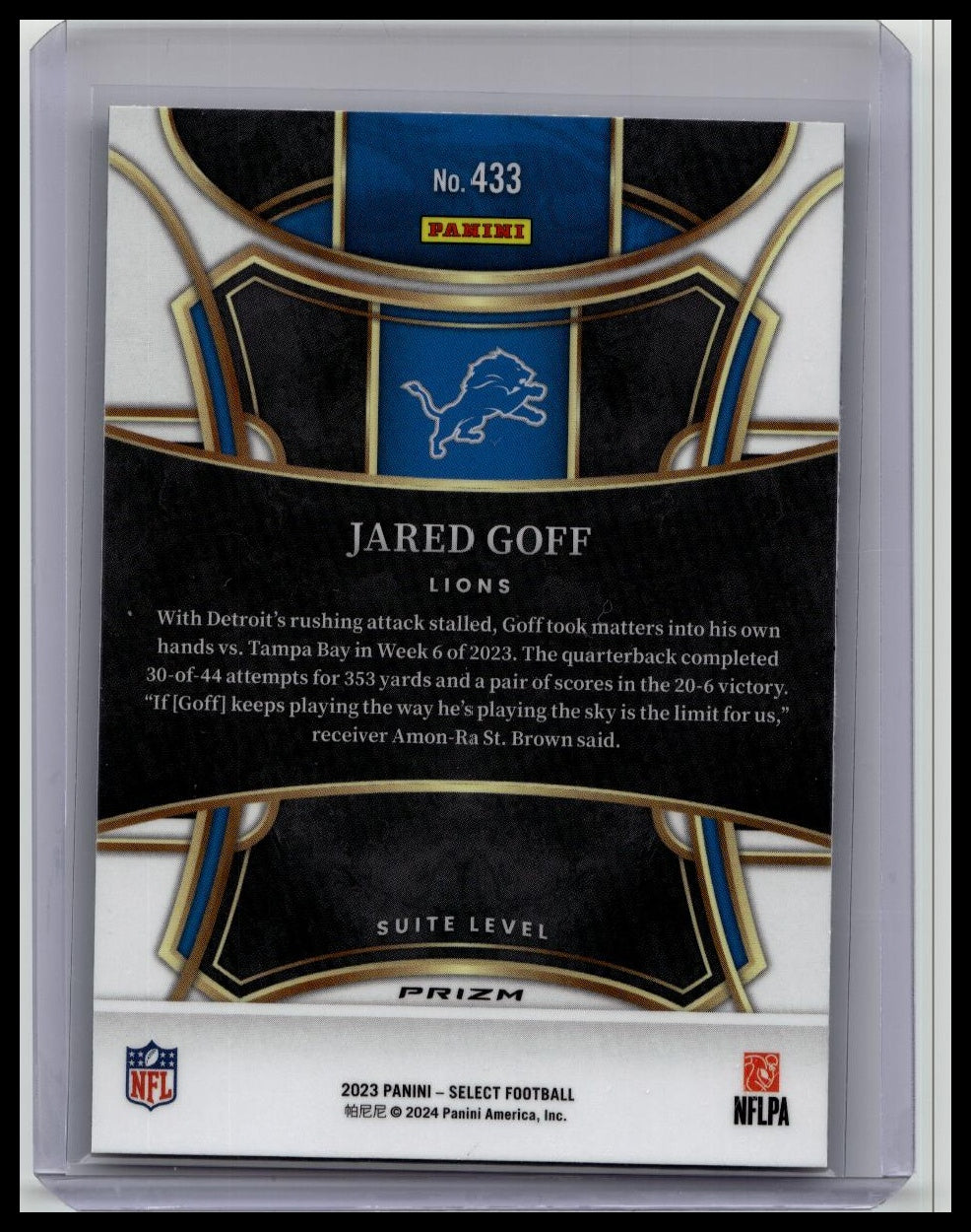 2023 Panini Select Suite Level Jared Goff Zebra SSP