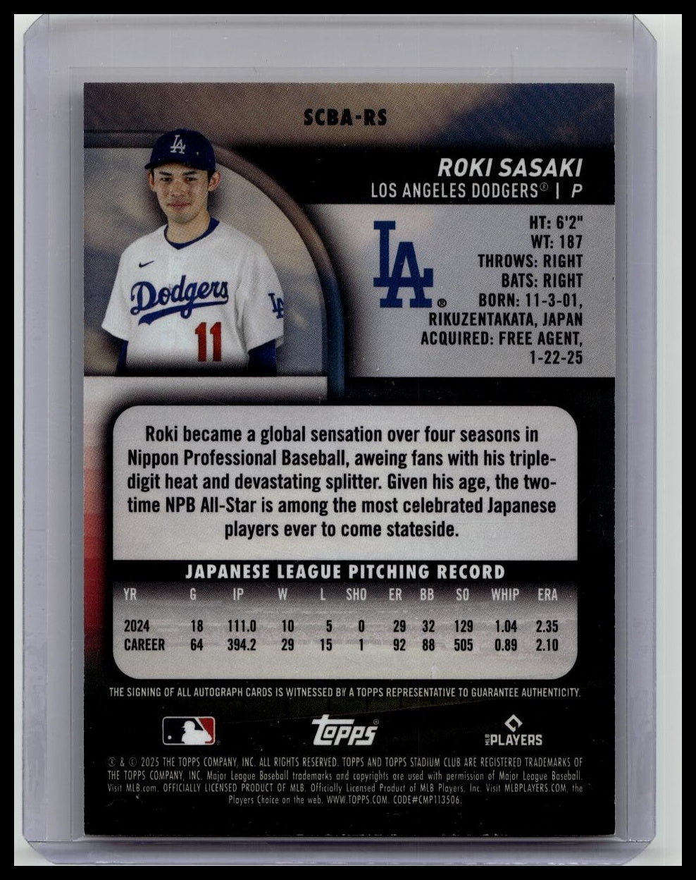 2025 Topps Stadium Club - Roki Sasaki (RC) - Yellow Parallel Rookie Auto