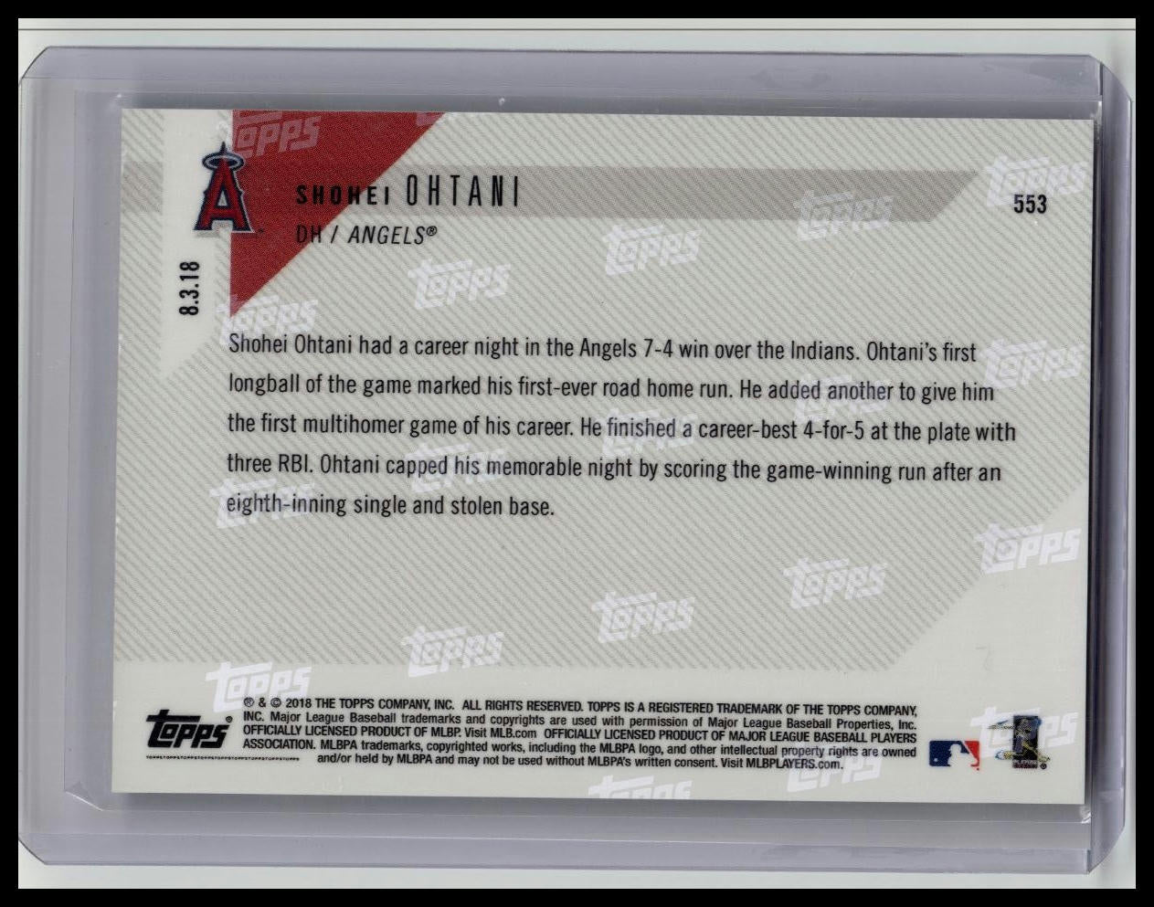 2018 TOPPS NOW #553 SHOHEI OHTANI FIRST CAREER MULTI-HR AND 4-HIT GAME RC