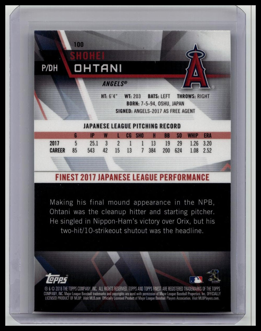 Shohei Ohtani 2018 RC Topps Finest #100 Angels Rookie