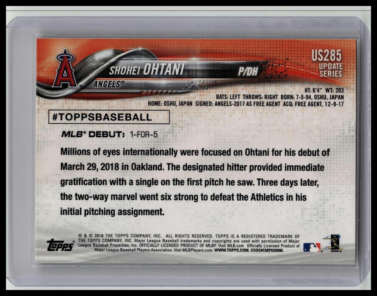 2018 Topps Update Series - Rookie Debut Shohei Ohtani #US285 (RC)
