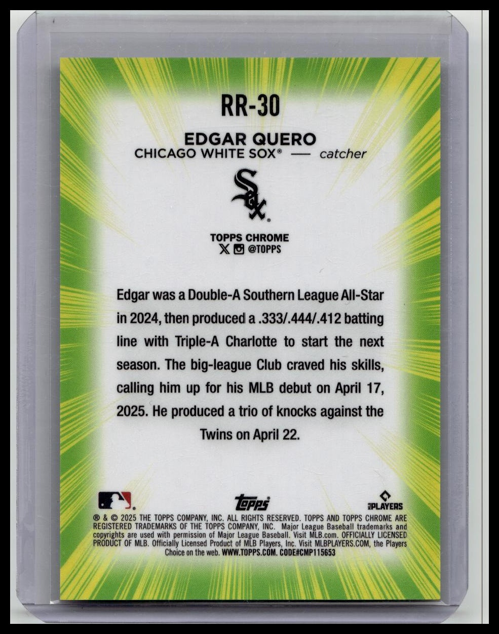 2025 Topps Chrome Update Edgar Quero Radiating Rookie RC SP #RR-30 White Sox