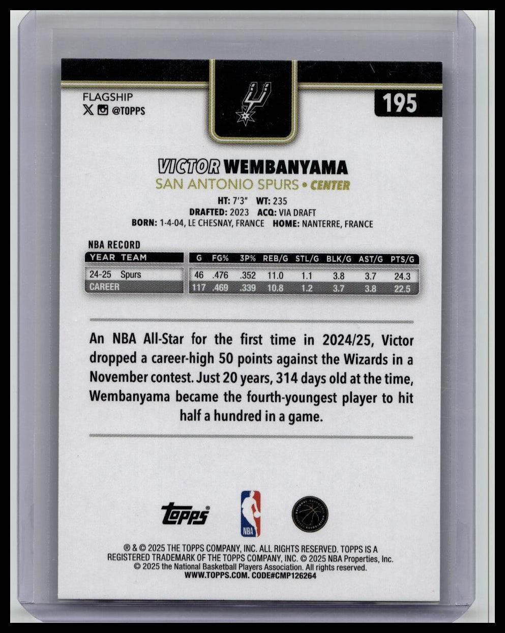 2025-26 Topps Flagship Victor Wembanyama #195 Blackout Refractor Spurs