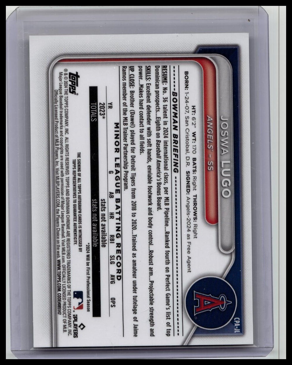 2024 Bowman Chrome Joswa Lugo 1st Gold Refractor Auto /50 RC Angles