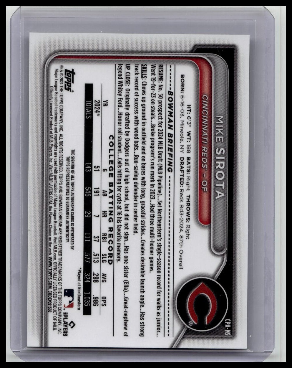 2024 Bowman Chrome 1st Auto Mike Sirota #CPA-MS