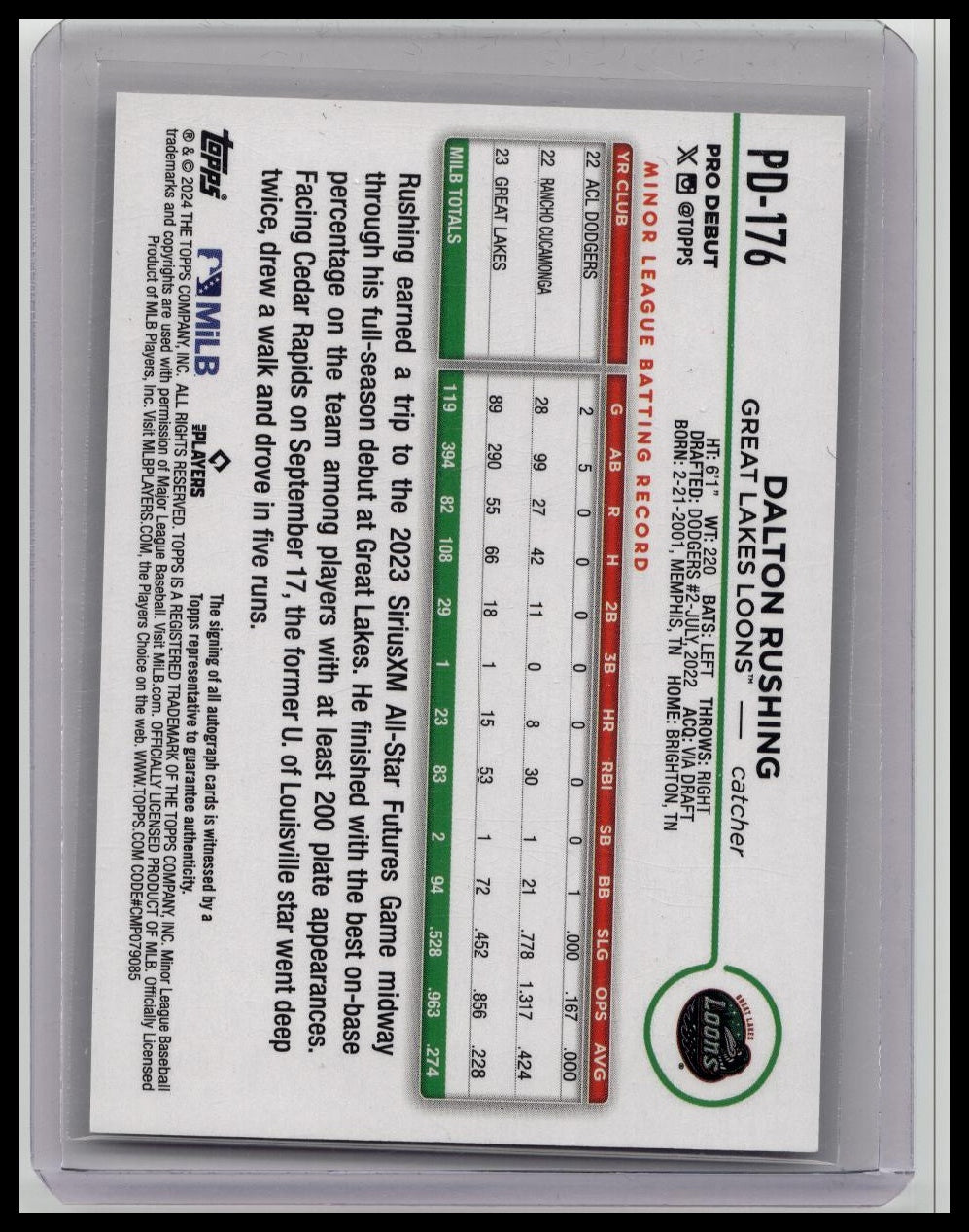 2024 Topps Pro Debut Dalton Rushing #PD-176 Rookie AUTO