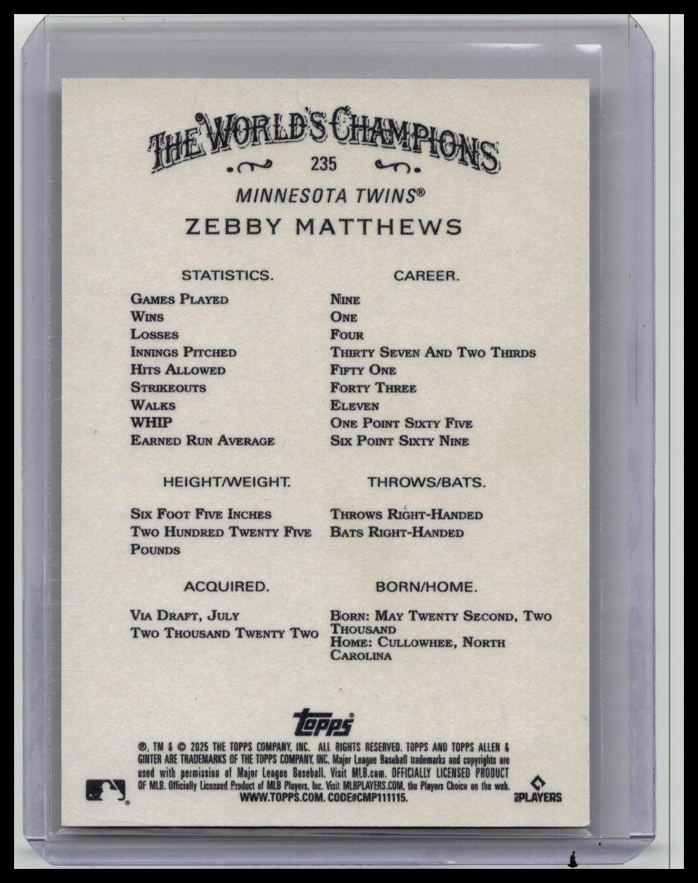 2025 Topps Allen & Ginter Zebby Matthews RC Gold Foil Filagree Parallel /50 RC