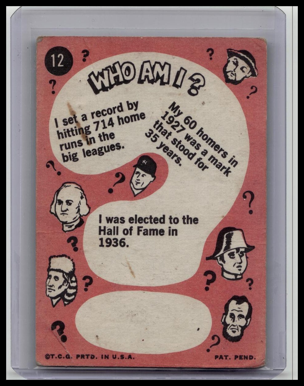 BABE RUTH 1967 TOPPS BASEBALL HERO “WHO AM I" #12 NEW YORK YANKEES