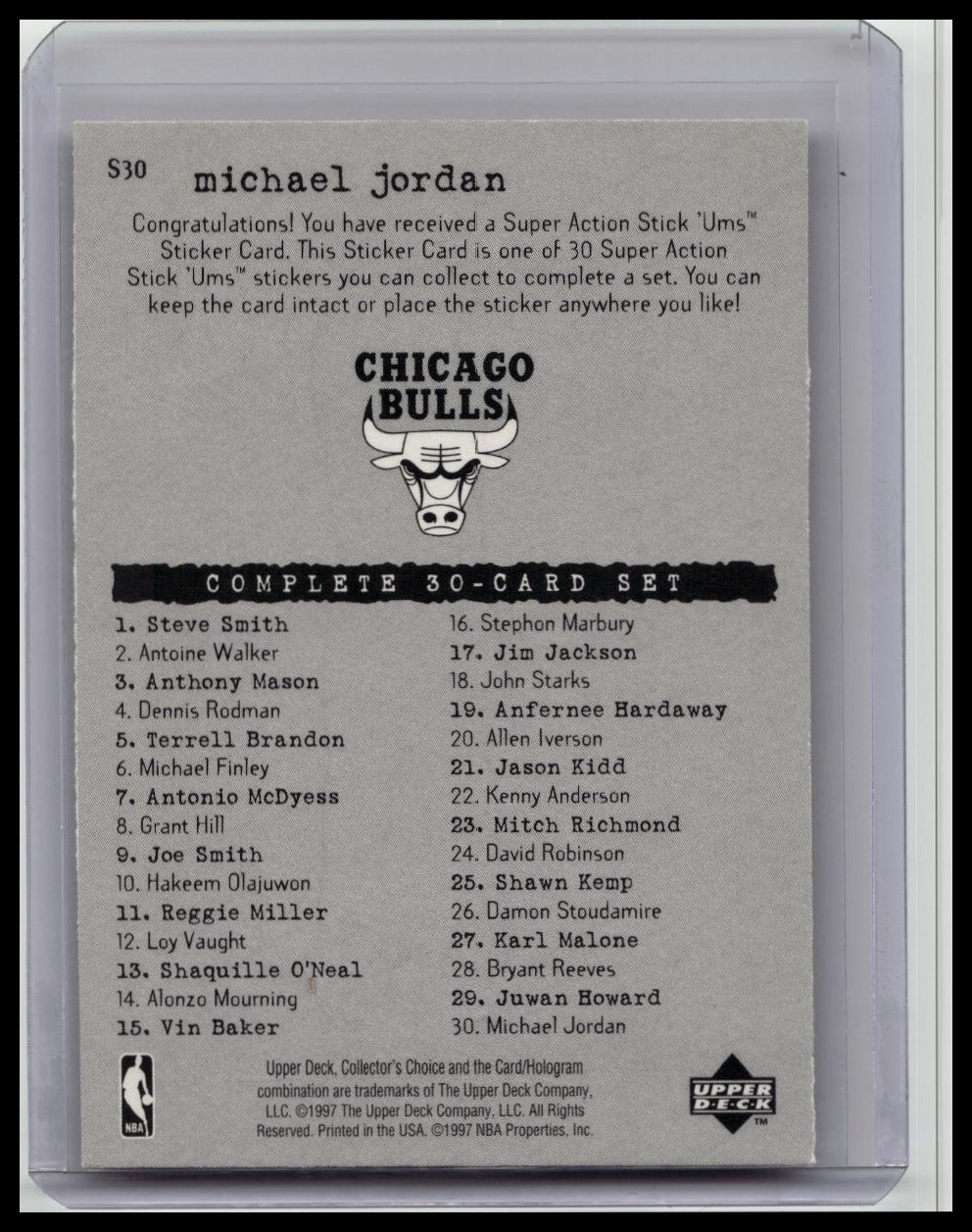 Upper Deck 1997 Collector's Choice Stick-Ums Michael Jordan Bulls #S30