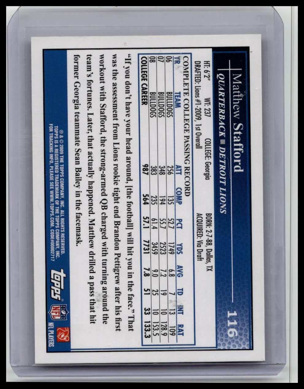 2009 Topps Kickoff Matthew Stafford Rookie #116 Detroit Lions Football RC