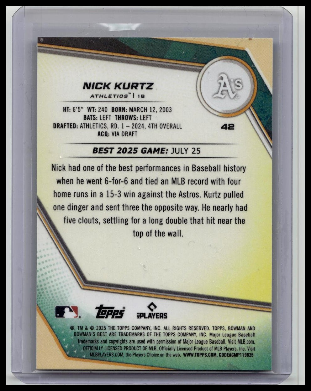 2025 Bowman's Best Nick Kurtz RC Aqua Refractor Rookie #/199 Athletics