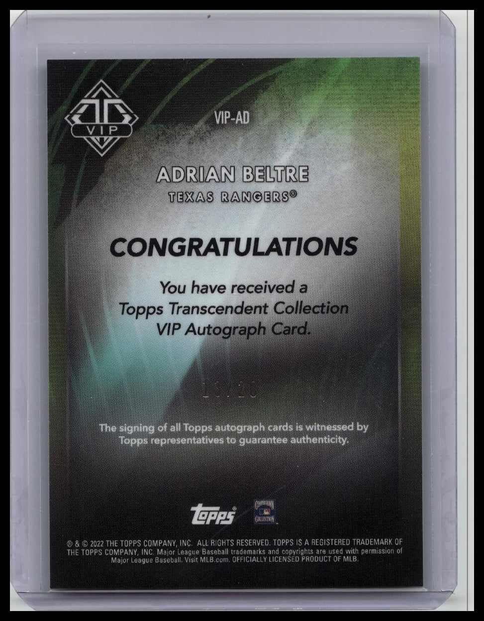 2022 Topps Transcendent Collection VIP Adrian Beltre Auto #VIP-AD /20