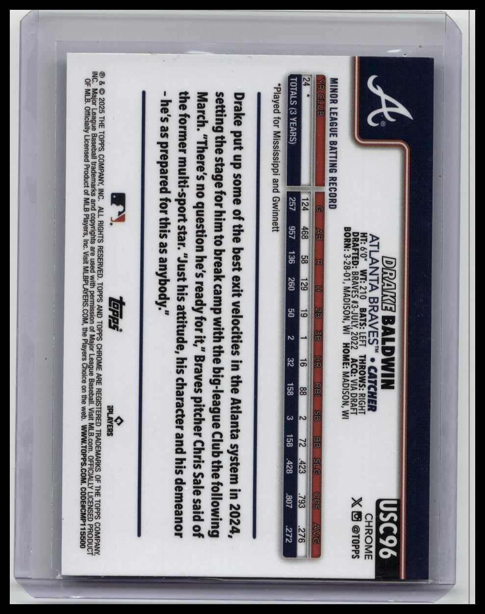2025 Topps Chrome Update Series - Drake Baldwin True Rookie #USC96 Aqua #/199