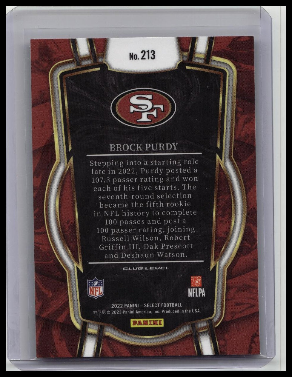2022 Select Brock Purdy Rookie Club RC #213 49ers