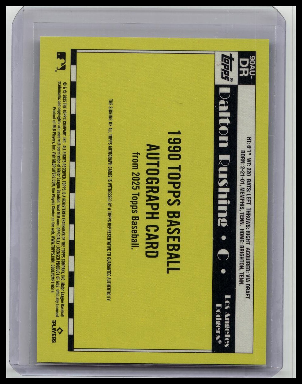 Dalton Rushing Rookie Auto 2025 Topps - 1990 35th Anniversary #90AU-DR Dodgers