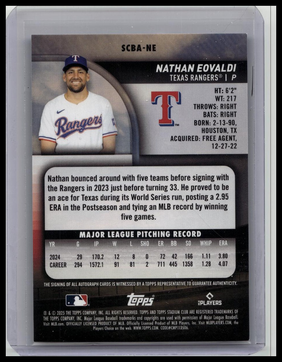 Nathan Eovaldi 2025 Topps Stadium Club Turquoise Auto /99 #SCBA-NE Rangers