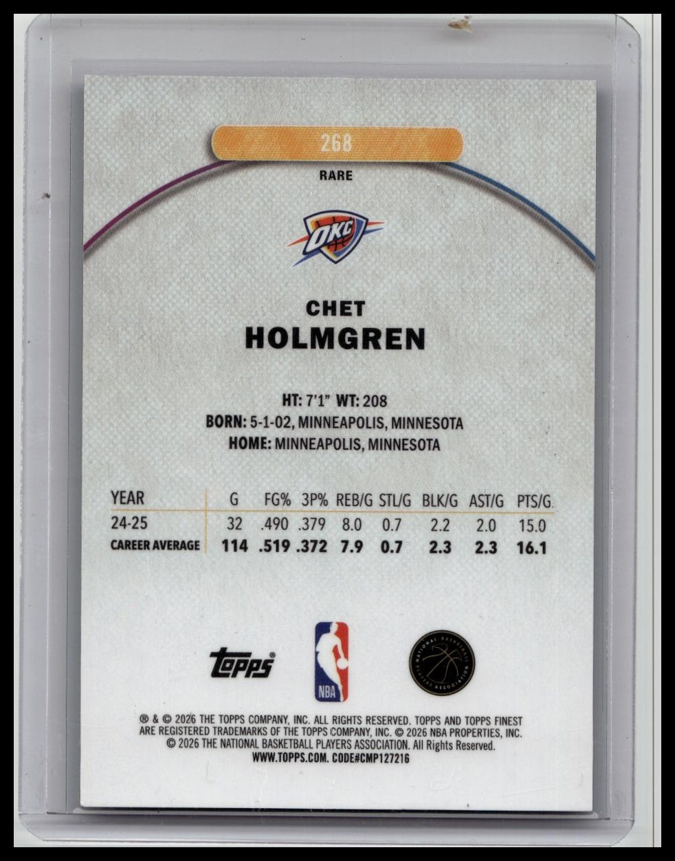 2025-26 Topps Finest Chet Holmgren #268 Purple Geometric Rare 02/50