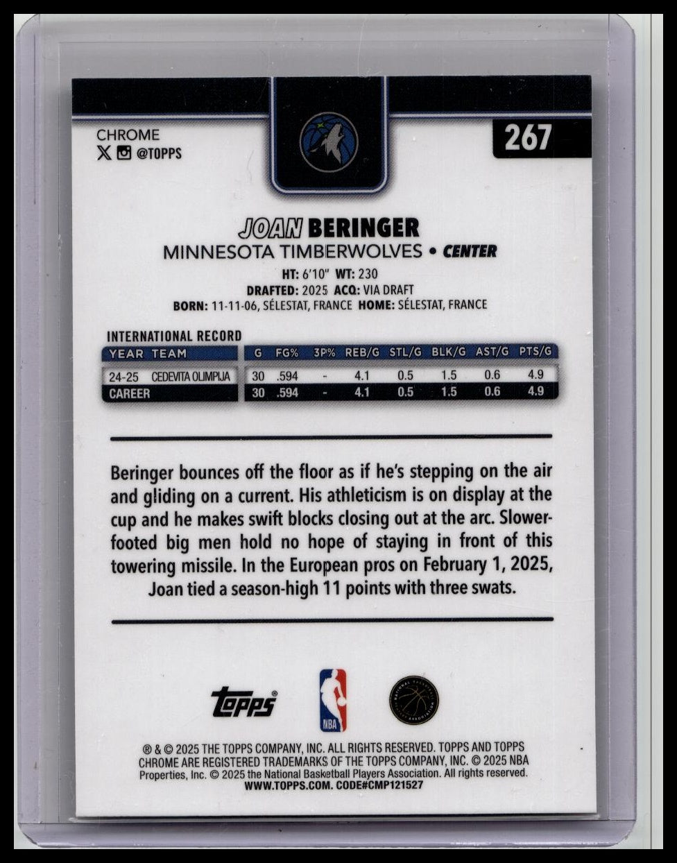 JOAN BERINGER 2025-26 TOPPS CHROME #267 ROOKIE GREEN WAVE REFRACTOR RC /99