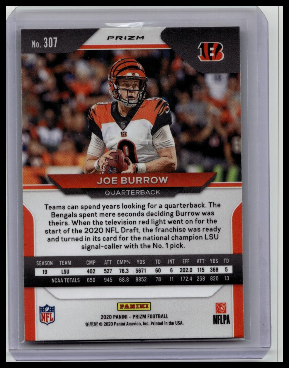 2020 Panini Prizm Joe Burrow #307 RC Rookie Orange Laser Prizm Bengals