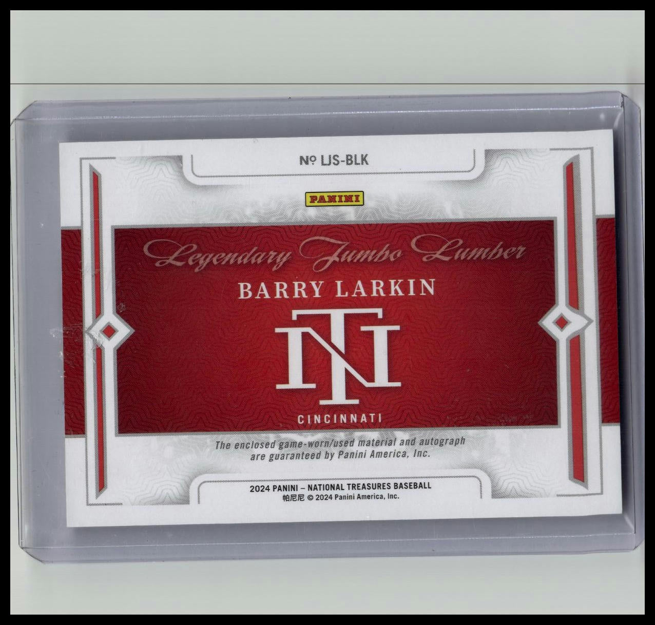 2024 National Treasures Barry Larkin Auto- Game Used Bat Relic /10