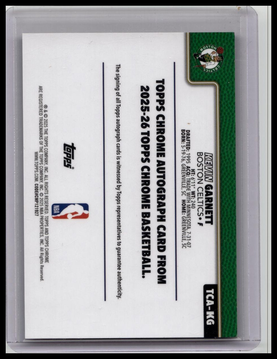 2025-26 Topps Chrome Kevin Garnett Auto Purple Refractor #/75 Celtics