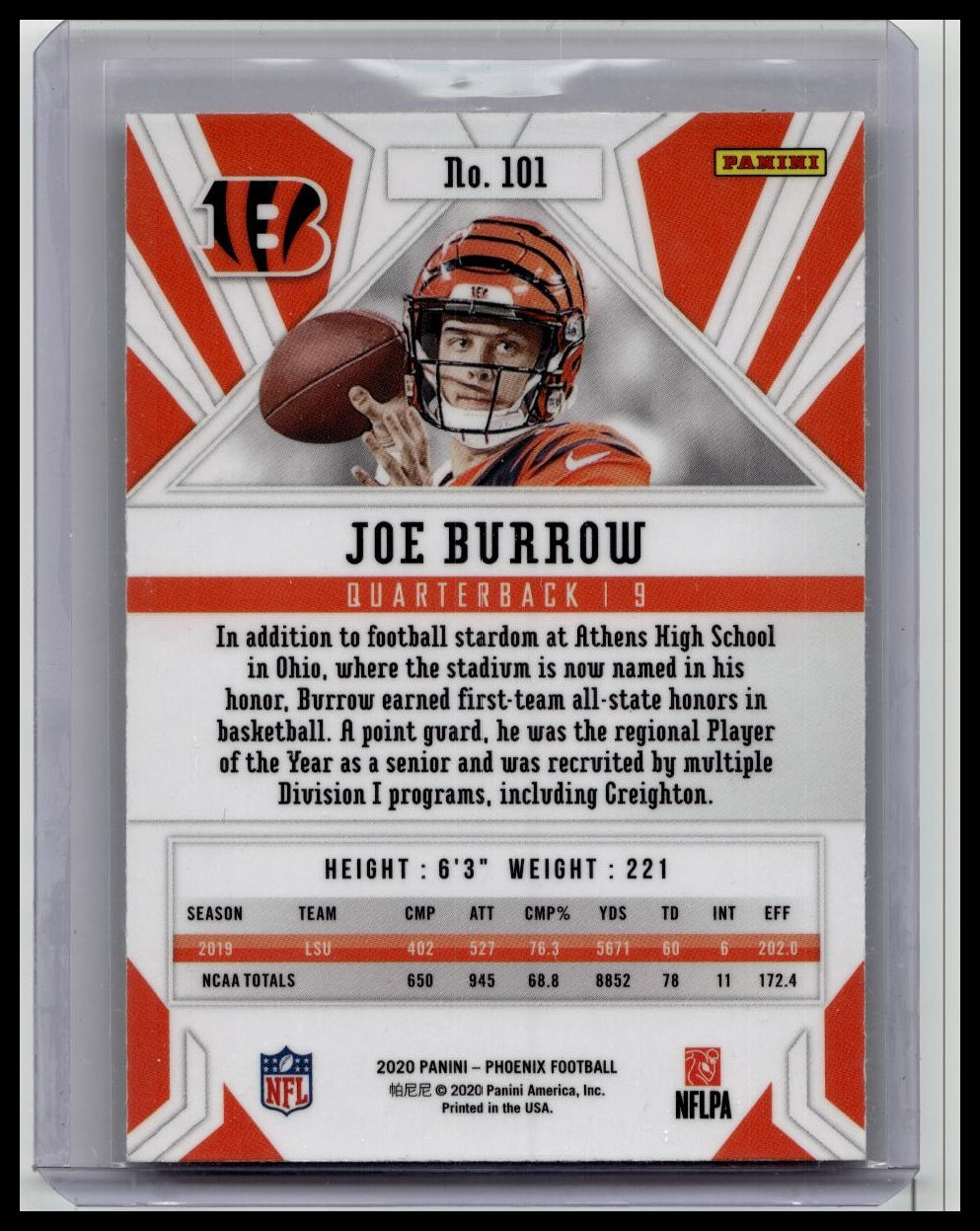 2020 Panini Phoenix #101 Joe Burrow Fire Burst (RC) Rookie - Cincinnati Bengals