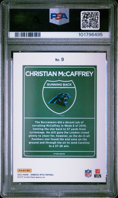 2023 PANINI DONRUSS OPTIC INTERNATIONAL DOWNTOWN #9 CHRISTIAN McCAFFREY PSA 9