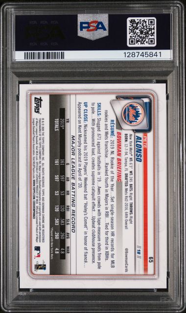 2020 BOWMAN CHROME #65 PETE ALONSO PURPLE REFRACTOR /250 PSA 9