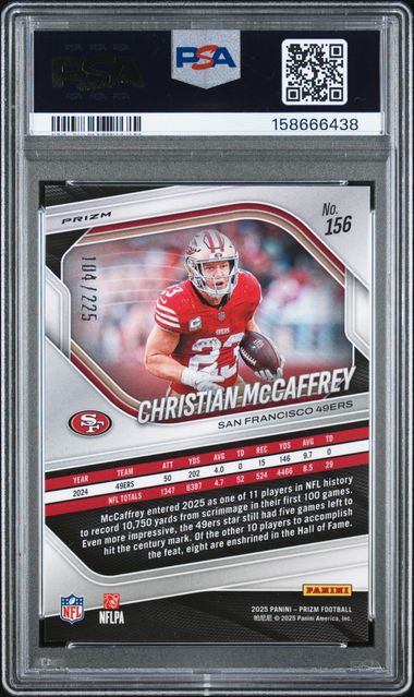 2025 PANINI PRIZM #156 CHRISTIAN McCAFFREY PURPLE ICE /225 PSA 10