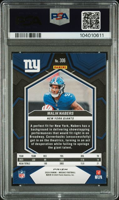 2024 PANINI MOSAIC GREEN #306 MALIK NABERS PSA 10