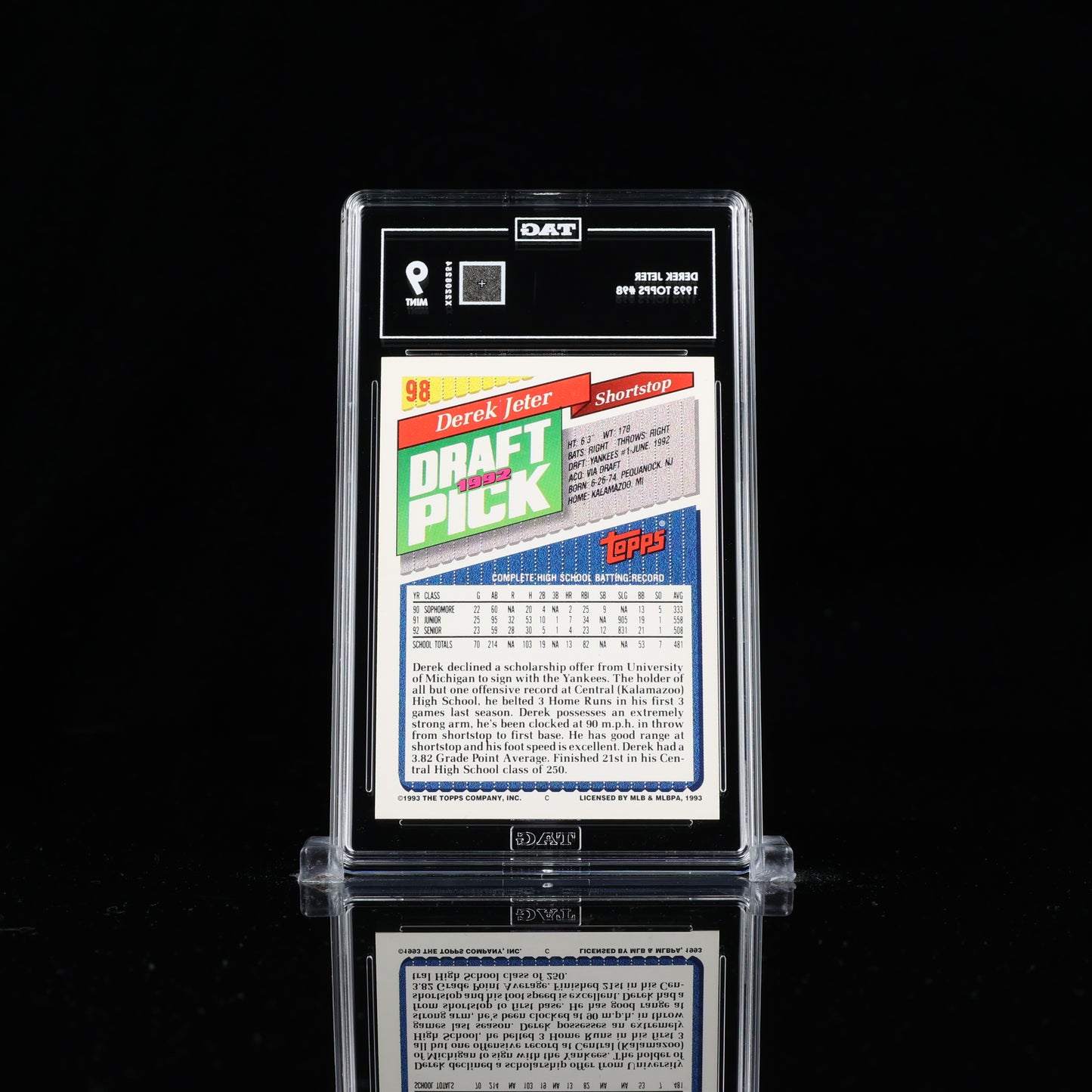 1993 Topps Baseball Derek Jeter #98 Rookie 1992 Draft Pick RC Graded TAG 9