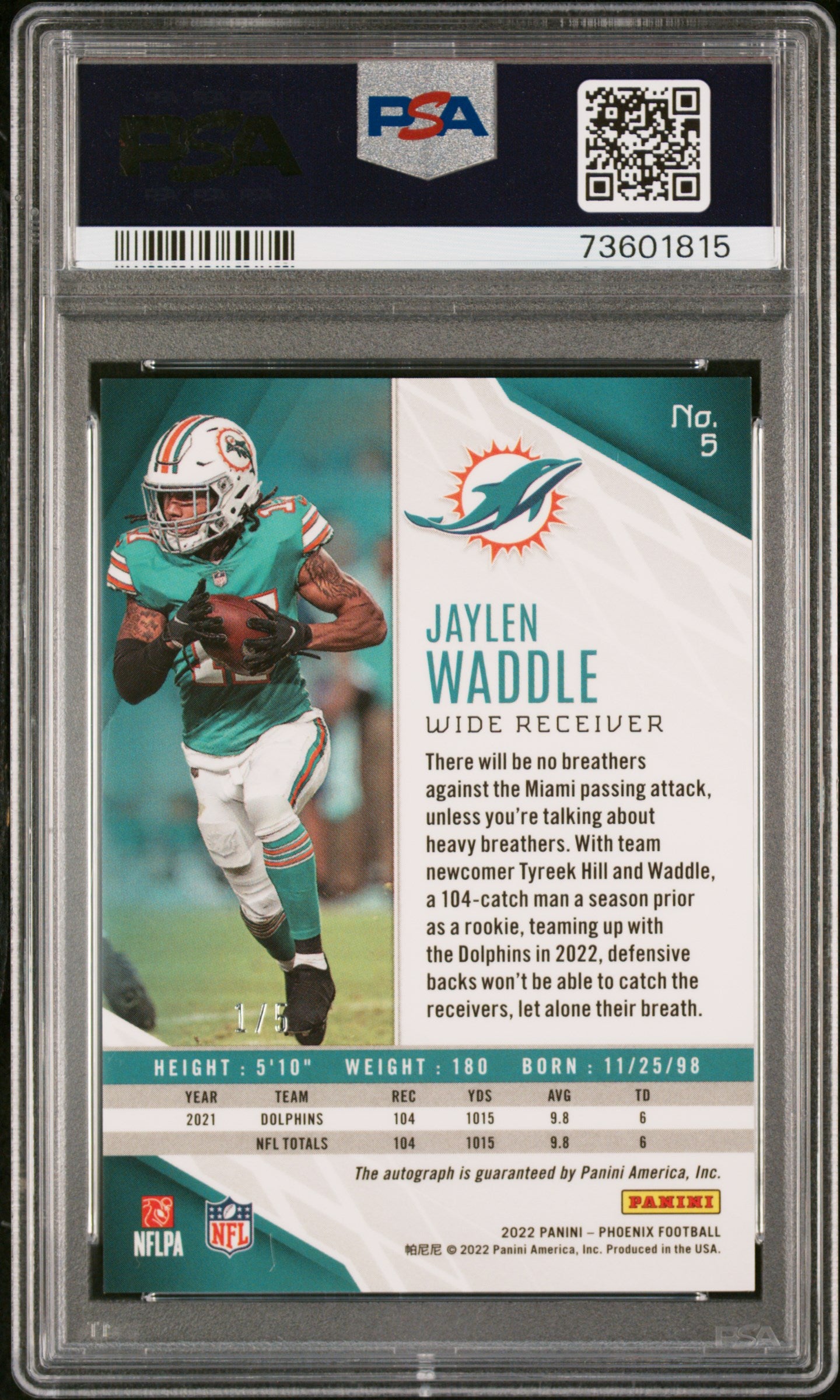 2022 Phoenix Jaylen Waddle Green Prizm Auto #'d 1/5 PSA 9