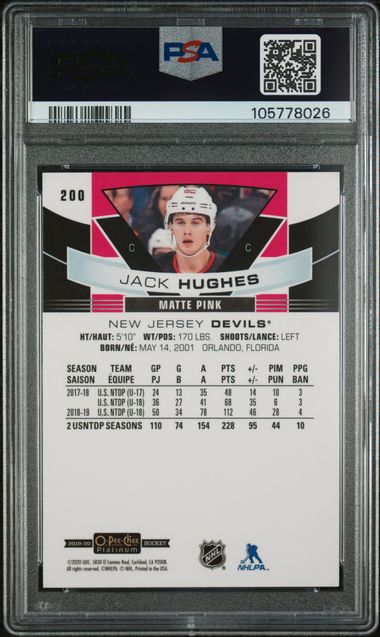 2019 O-PEE-CHEE PLATINUM #200 JACK HUGHES ROOKIE MATTE PINK PSA 10