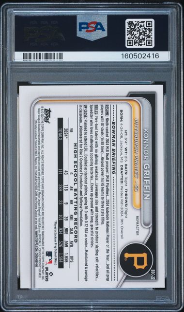 2024 BOWMAN DRAFT #BDC22 KONNOR GRIFFIN CHROME-REFRACTOR PSA 9