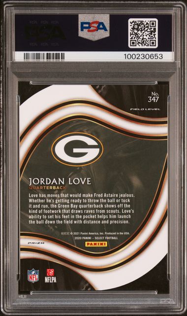 2020 PANINI SELECT #347 JORDAN LOVE DIE-CUT ZEBRA PRIZM PSA 9