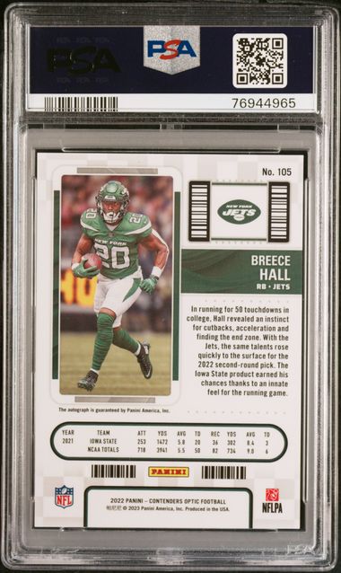 2022 PANINI CONTENDERS OPTIC #105 BREECE HALL ROOKIE AUTOGRAPH PSA 9