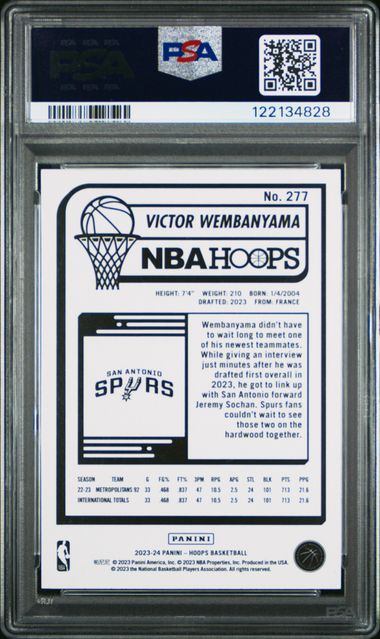 2023 PANINI NBA HOOPS #277 VICTOR WEMBANYAMA PURPLE ROOKIE PSA 10