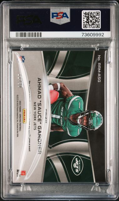 2022 Spectra Rookie Rising Patch Neon Blue Ahmad 'Sauce' Gardner RC /30 PSA 10