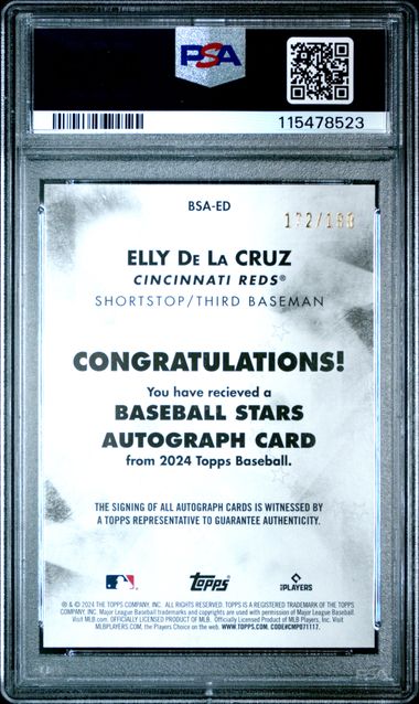 2024 TOPPS BASEBALL STARS AUTO BLACK ELLY DE LA CRUZ ROOKIE /199 PSA 8 REDS